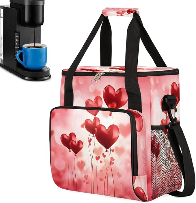 Valentine Red Heart Balloons Coffee Maker Carrying Bag Coffee Machine Travel Storage Bag Compatible with K-Mini or K-Mini Plus Portable Single Serve Coffees Brewer Case with Pockets for K-Cup Pods