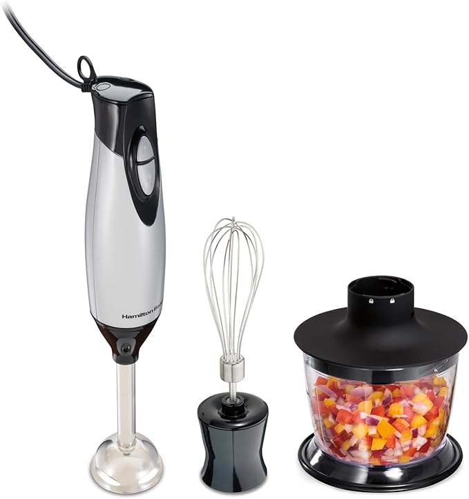 Hamilton Beach 4-in-1 Electric Immersion Hand Blender with Handheld Blending Stick Whisk + 3-Cup Food &amp Vegetable Chopper Bowl 2-Speeds 225 Watts Silver and Stainless Steel (59765)