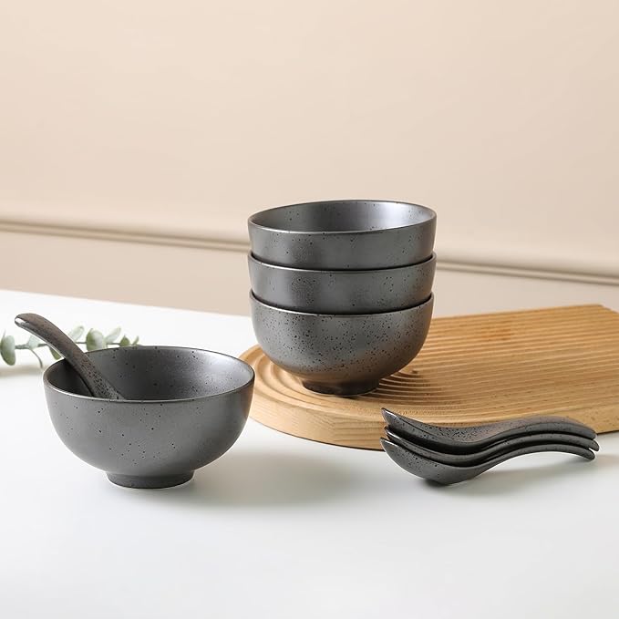 Stone + Lain Valencia Porcelain 8-Piece Round Bowl and Spoon Serving Set Metallic Grey