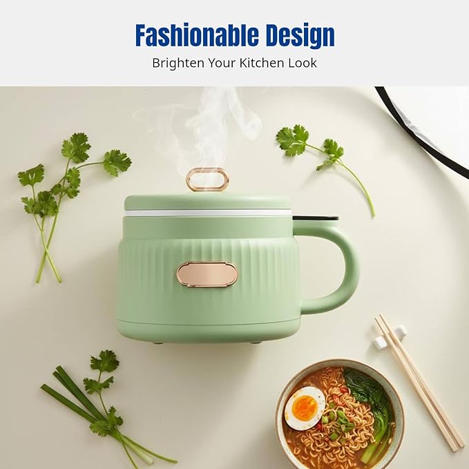 Small Rice Cooker 1.6L Noodle Cooker Keep Warm Portable Electric Pot Nonstick for 1-2 People Camping Cooking Soup Oatmeal Green