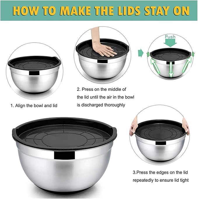 6 Pcs Mixing Bowls With Lids And Non Slip Bases Stainless Steel Set For Baking Nesting Storage