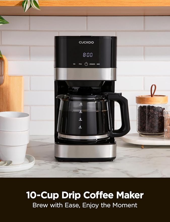 CUCKOO Classic 10-Cup Drip Coffee Maker Easy To Use Coffee Machine with Programmable Timer Includes Glass Coffee Pot with Two Brew Strength Settings and Reusable Mesh Filter (CCM-BD011B)