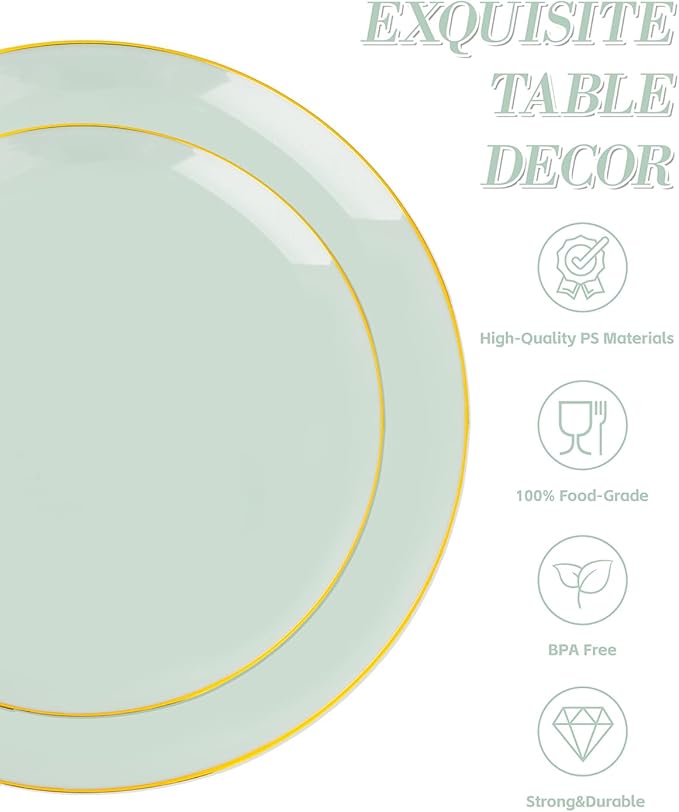 bUCLA 150PCS Green Plastic Plates - Sage Green with Gold Rim Disposable - Include 25 (Dinner &amp Dessert) Plates 25 Knives 25 Forks 25 Spoons and 25 Cups for Party Easter &amp Spring