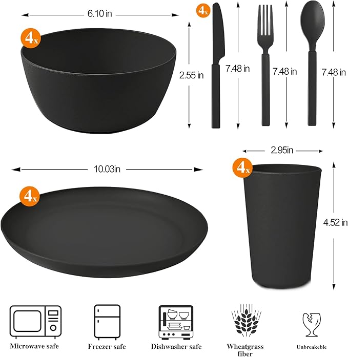 Wheat Straw Dinnerware Sets - 24 pcs Lightweight Unbreakable Dishwasher Microwave Safe Cups Cutlery Plates and Bowls Set for 4 Suitable for Camping Party Grill（Black）