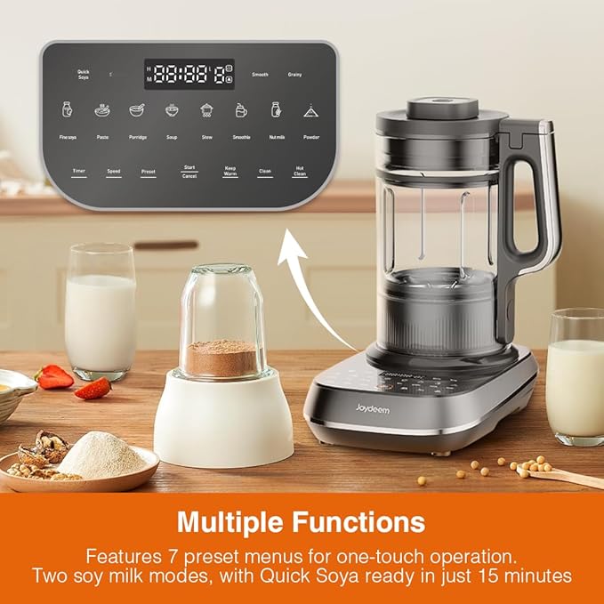 Joydeem Soymilk Maker Machine Heated Blender with Grind Cup Low Noise Variable Frequency Brushless Motor 1.75L Capacity Black JD-B1Pro