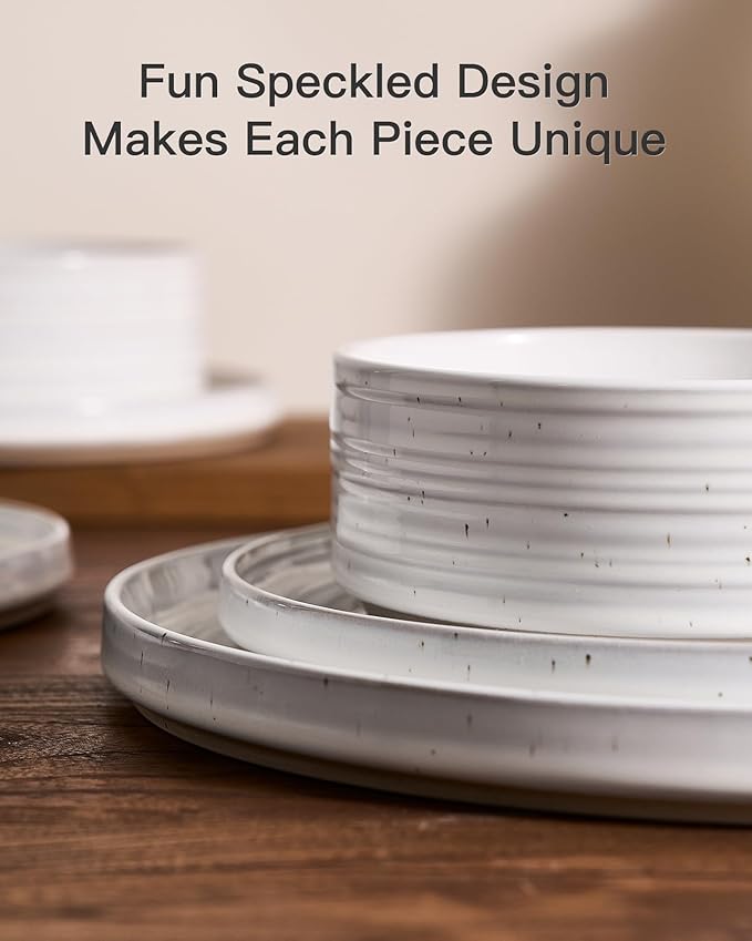 Plates and Bowls Sets for 6 (18-Piece) Stoneware Reactive Glaze Dinnerware with Speckles &amp Spirals Chip and Scratch Resistant Straight Dishes Set with Gift Box Microwave Dishwasher Safe White