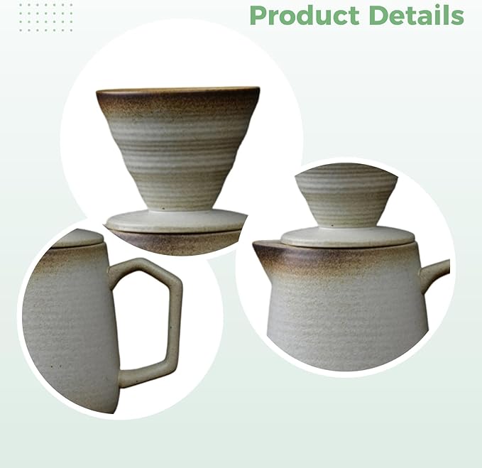 Stone Ceramic Pour Over Coffee Maker Beige 20 Fl Oz Capacity 3.5 In Filter Cup Vintage Style Enhances Flavor