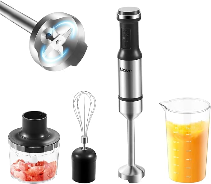 Immersion Blender Handheld Corded Hand Blenders 5 in 1 Set 800W Stainless Steel Stick Blender Turbo Mode with 600 ml Mixing Beaker with Lid 400 ml Chopper Whisk Milk Frother BPA-Free