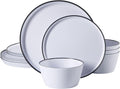 Gibson Home Folsom Shores 12 Piece Unbreakable Modern Melamine Plates and Bowls Dinnerware Set - Outdoor Camping &amp Everyday Use - White W/Black Rim