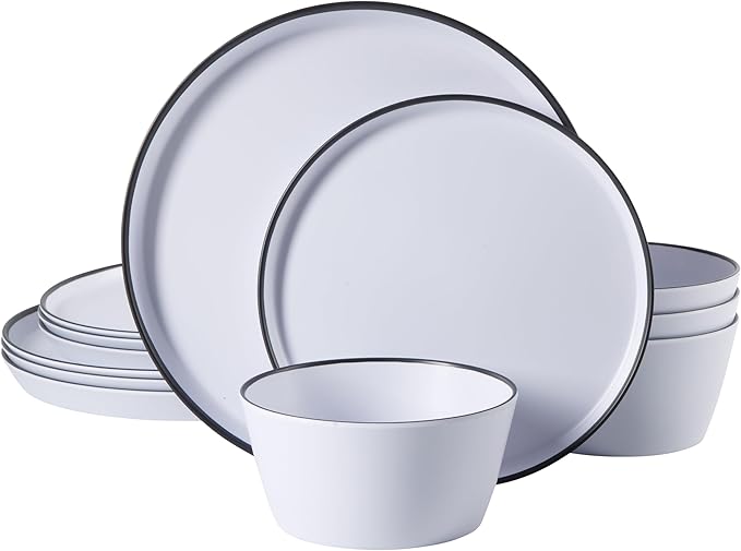 Gibson Home Folsom Shores 12 Piece Unbreakable Modern Melamine Plates and Bowls Dinnerware Set - Outdoor Camping &amp Everyday Use - White W/Black Rim
