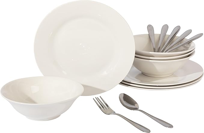 16 Piece Fine Ceramic Dinnerware Set White Geometric Casual Round Dishwasher Safe