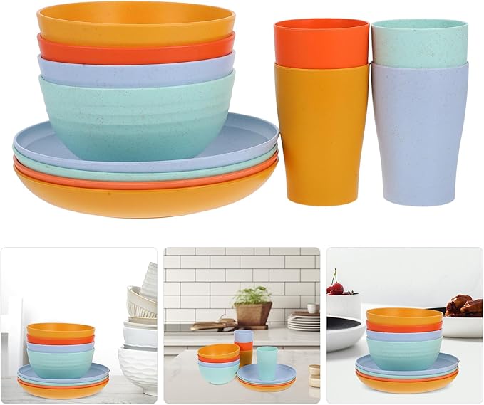 12pcs Wheat Straw Dinnerware Set with Unbreakable Plates Bowls and Cups Microwave Safe Colorful Tableware and Camping Use
