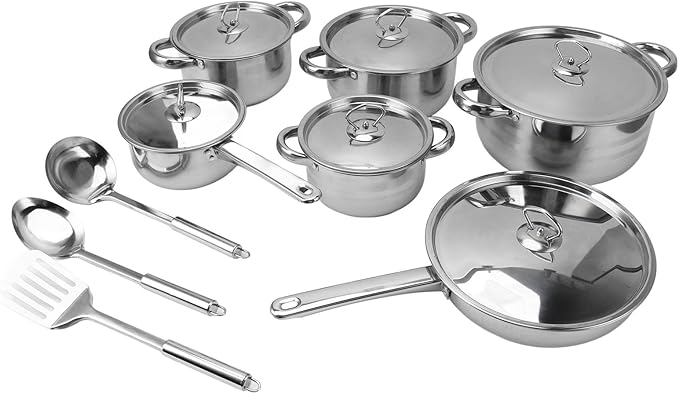 Dioche Stainless Steel Pots Pans Set Premium Cookware Set for Home Cooking Durable Kitchen Cookware with Soup Pots Saute Pans Lids Utensils Modern Design Stainless Steel