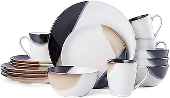 Gourmet Basics by Mikasa Caden 16-Piece Stoneware Dinnerware Set — Service for 4 Reactive Glaze Black/Tan &amp White Finish Microwave &amp Dishwasher Safe Everyday &amp Formal Use