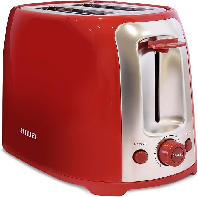 Aiwa Toaster 2 Slice Wide Slot Reheat and Defrost Function 6 Browning Settings Drop Down Crumb Tray Red