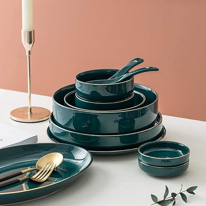Ceramic Dinner Sets Bowl/Dish/Spoon|Green Gold Rim Pattern Dinnerware Set Nordic Minimalist Style Porcelain Combination