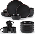 Famiware Mercury Plates and Bowls Sets with Mugs Set 20-Piece Stoneware Dinnerware Sets for 4 Black
