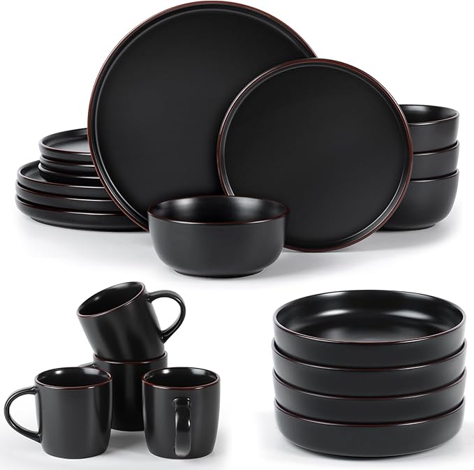 Famiware Mercury Plates and Bowls Sets with Mugs Set 20-Piece Stoneware Dinnerware Sets for 4 Black