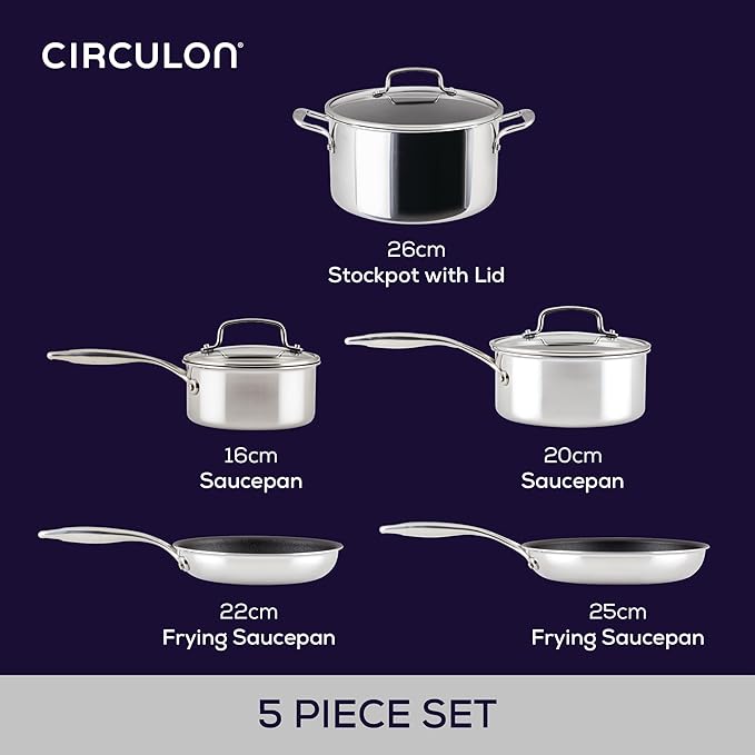 Circulon Scratch Defense Stainless Steel Pan Set: 5 Piece Induction Hob Pan Set with Extreme Non Stick Induction &amp All Hob Suitable