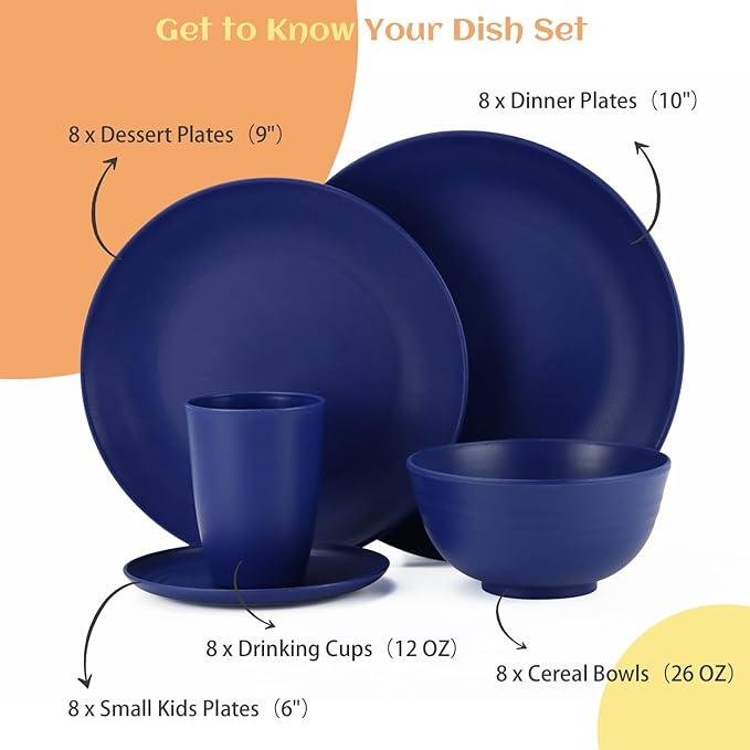 Homienly 40 Pcs Wheat Straw Dinnerware Sets Dinner Plates Cups Pasta Bowls Dishes Set For 8 Microwave Safe Plates and Bowls Sets Blue