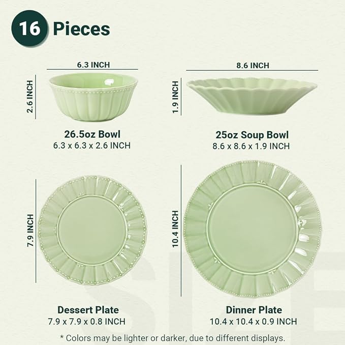 HOMBENE Dinnerware set 16 Piece plates and bowls sets for 4 Ceramic Mordern dish set for party Porcelain dish set House gift Microwavable safe Mint Glow Green