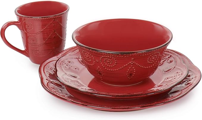 16 Piece Stoneware Dinnerware Set – Rustic Birch Embossed Plates and Bowls Dishwasher &amp Microwave Safe Dinner Set for 4 Elegant Scalloped Edges and Wood-Inspired Design (Red)