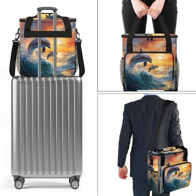 Cartoon Dolphin Coffee Maker Carrying Bag Sunset Dolphin Travel Storage Bag Compatible with K-Mini or K-Mini Plus Single Serve Coffee Brewer Carrying Case with Multiple Pockets &amp Shoulder Strap