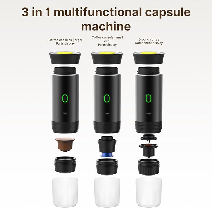 Portable Coffee Machine for Car Home Travel 3 in 1 Cordless Electric Coffee Maker Work with Capsule and Ground Coffee 15Bar Mini Cold Brew and Heating Coffee Maker with 150ml Cup