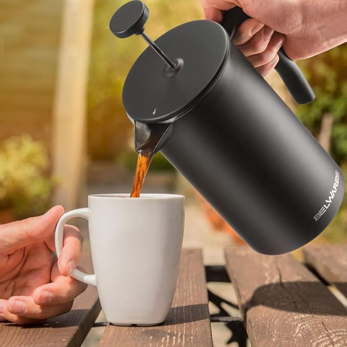 Belwares French Press Coffee Maker 34 Oz - Insulated Coffee Press Stainless Steel 304 - Double Wall &amp 4 Level Filtration System (1 Liter) - Black