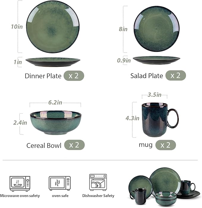 8 Piece Dinnerware Sets for 2 Scratch Resistantmicrowave oven and Dishwasher Safe Plates and Bowls Sets Ceramic Dish Set Bowl and Plate Set -Kiln turns foggy green