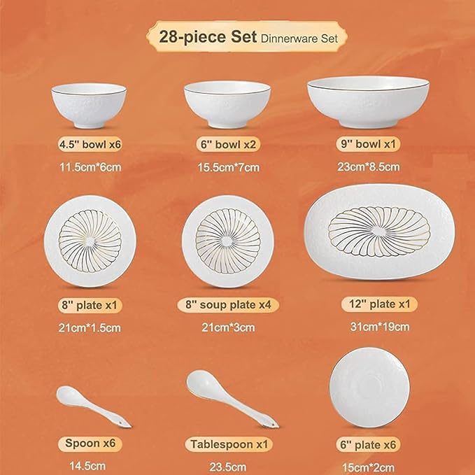 Ceramics Dinner Set Kitchen and Dining Service Durable Kitchen Dinnerware Set Dinner Salad Appitizer Dessert Plate Bowls Best for Indoor and Outdoor Party Creativity Villa Table Decor (White 28Pcs)