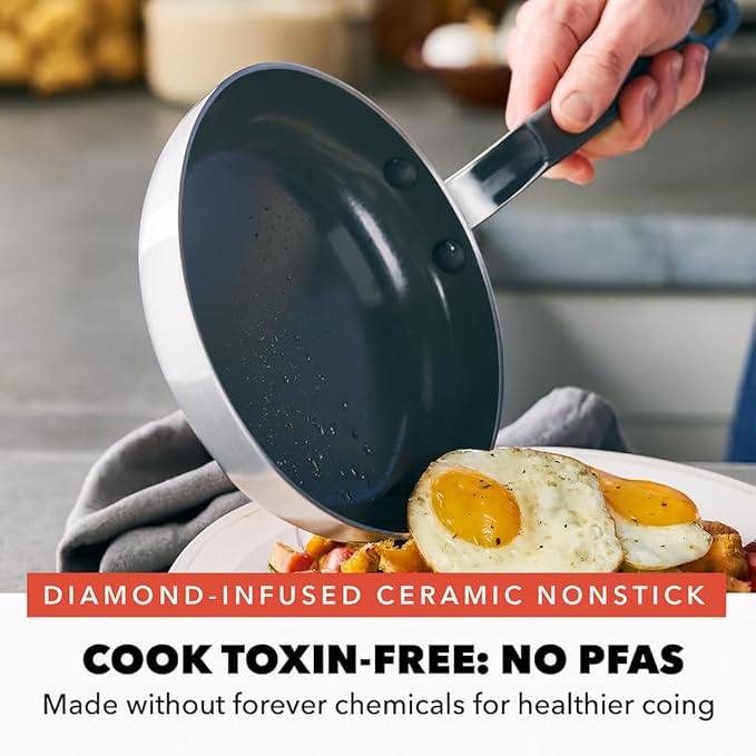 GreenPan x Bobby Flay Stainless Steel 12 Piece Cookware Pots &amp Pans Set Professional Grade Tri-Ply Multiclad PFAS-Free Ceramic Nonstick Induction Suitable Dishwasher &amp Oven SafeStay Cool