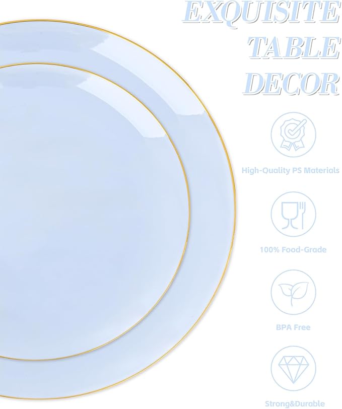 bUCLA 150PCS Blue Plastic Plates - Light Blue and Gold Disposable Include 25 Each (Dinner &amp Dessert) Plates 25 Knives 25 Forks 25 Spoons and 25 Cups Ideal for Party Easter Birthday &amp Wed