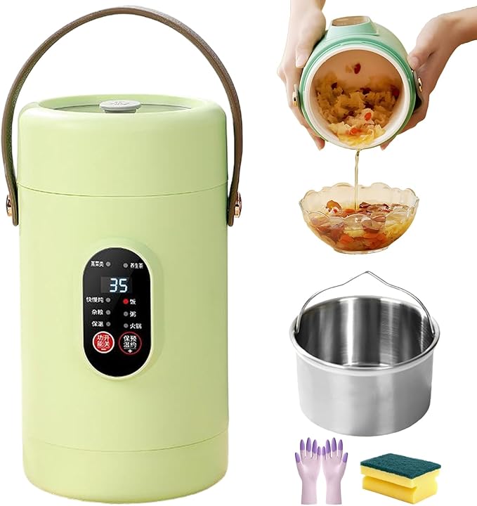 Multifunctional Health Pot 500W Portable Mini Electric Cooker with Ceramic Glaze Inner &amp Steamer 12-Hour Timer Keep-Warm for Soup Noodles in Dorm Office Travel (Green1600ml)