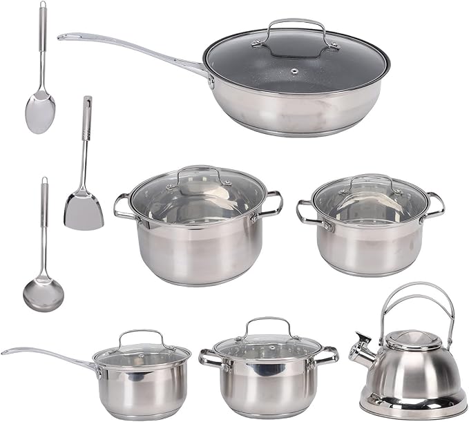 Stainless Steel Cookware Set Flat Bottom Pots and Pans Set Includes 3 Saucepans 1 Milk Pot 1 Frying Pan Water Kettle Induction Cooker for Kitchen Cooking