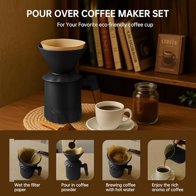 Pour Over Coffee Maker Set Ceramic Pour Over Coffee Dripper 15.5oz/450 ml with 25 Pcs V60 Paper Filter Coffee Pour Over Set for Camping Black