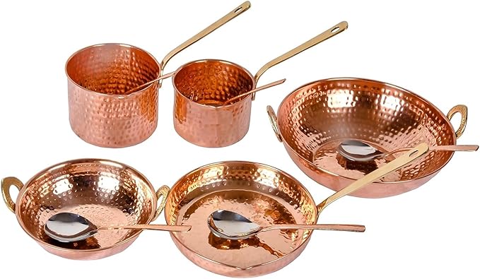 Pure Cookware 10 Piece Set with Serving Spoon (Sauce Pan | Copper Kadhai Set | Copper Fry Pan) with Brass Handle for Cooking Purpose