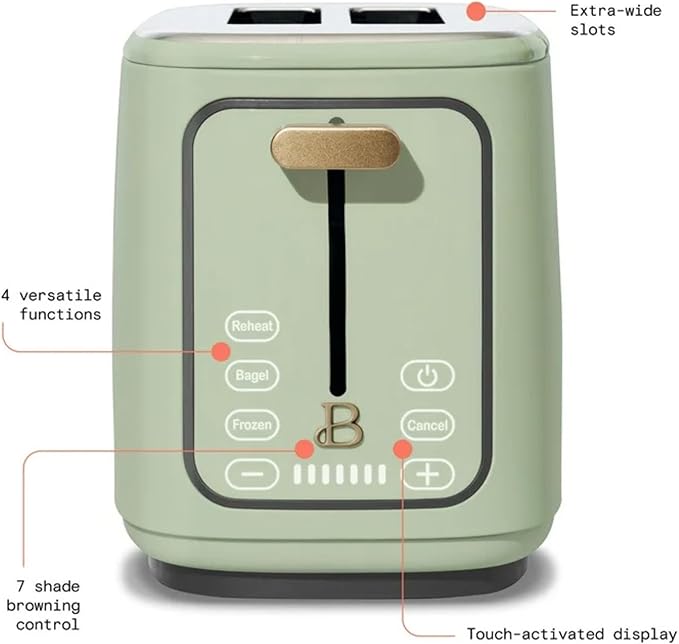 2 Slice Digital Toaster with Touch Control Panel Adjustable Toast Shade Settings Wide Bread Openings Bagel &amp Frozen Modes Removable Crumb Tray (Sage Green)
