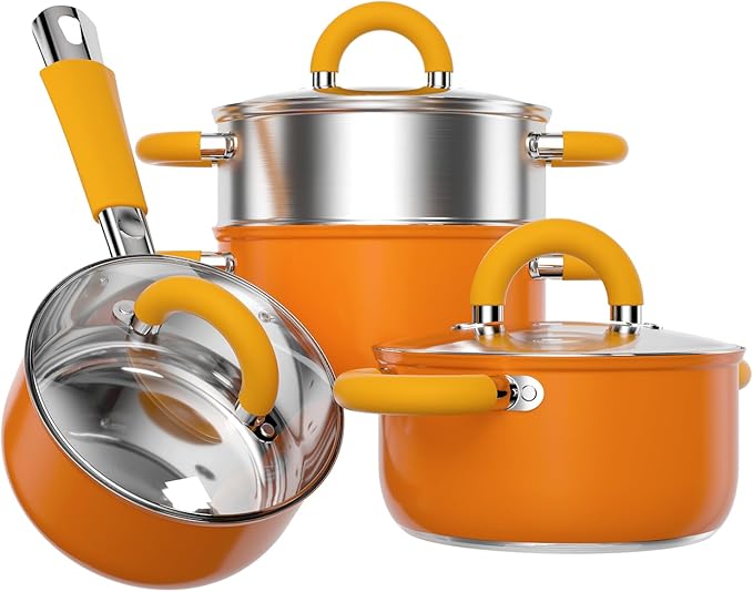 18/8 Stainless Steel Cookware Set 7 PCS Pots and Pans Set 4 3 2 QT Pot Pan with Lid and Steamer Compatible with All Stovetops Dishwasher Safe