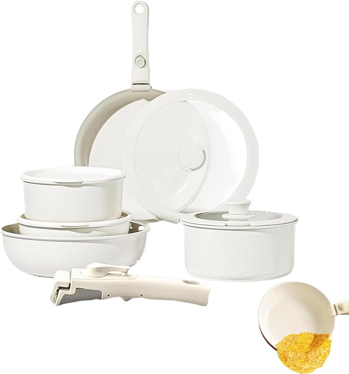 Cookware Set Non-stick ceramic cookware set Non-toxic induction cooktop with Removable HandlesEasy to clean suitable for kitchen sets RV cooking equipment (white20 pcs)