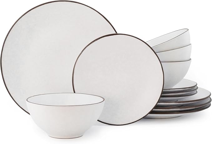 Mimola Ceramic Dinnerware SetsHandmade Reactive Glaze Stoneware Plates and Bowls SetsHighly Chip and Crack Resistant | Dishwasher &amp Microwave Safe Dishes SetService for 4 (12pc) (snow white)