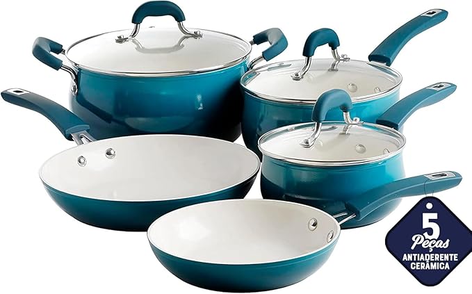 Corbett Piece Nonstick Aluminum Cookware Set – Ceramic Interior Soft Grip Handles Belly Shaped Pots and Pans for Even Heating (Teal 8 Pieces)