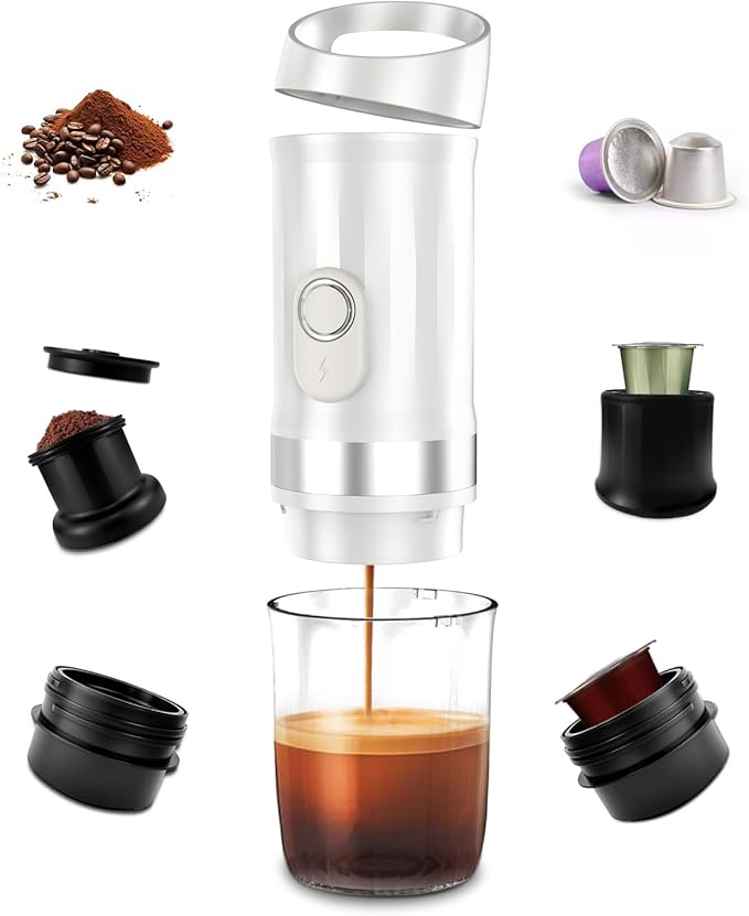 Portable Espresso Machine 3Minute Auto Heat12V Rechargeable Electri Coffee Maker 20 BaCompatible with NS DG Capsules and GroundCoffee for Camping Travelling RVing HikingandOffice (White)