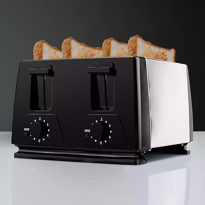 1300W 4-Slice Toaster with Dual Crumb Trays 6 Browning Settings &amp Cancel Buttons – Family Size Black and Silver Toaster for Even Toasting