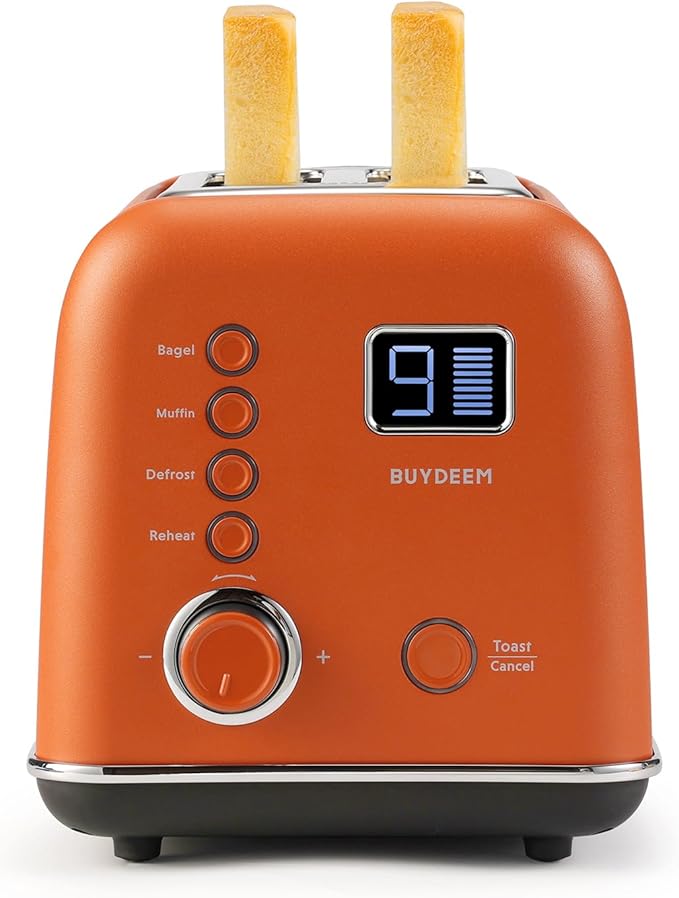 BUYDEEM DT730 Motorized Toaster 2-Slice Smart Digital Leverless Toaster with LCD Countdown Timer 9-Shade Settings for Toast Bagels Waffles Muffins