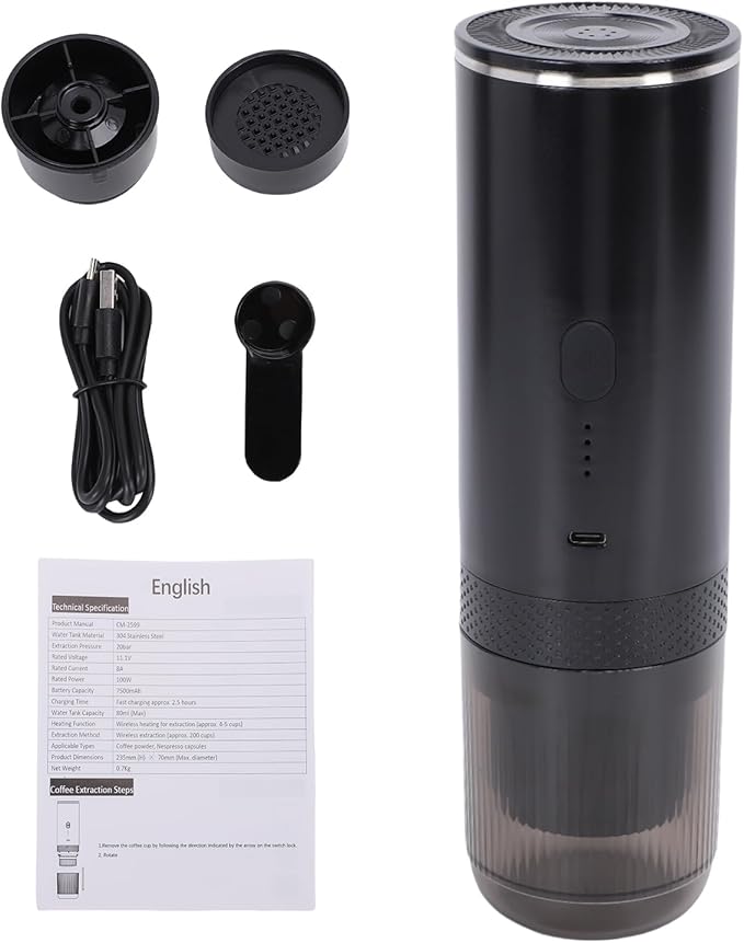 Asixxsix Portable Coffee Maker 2 in 1 Machine 7500mAh Battery 20Bar Pressure Coffee Maker with Ground Capsules Compatibility for Home Travel Camping Office (Black)