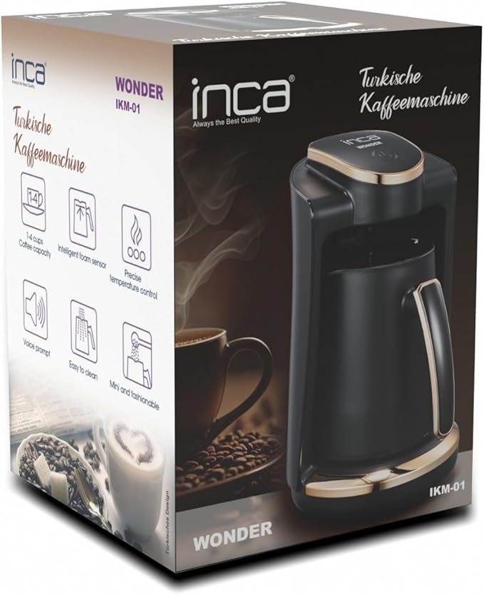 İnca IKM-01 Wonder Series Turkish Coffee Maker Turkish Coffee Maker with Measuring Spoon for 4 Cups (Fincan) at the Same Time High Performance in Elegant Black and Rose Gold Design