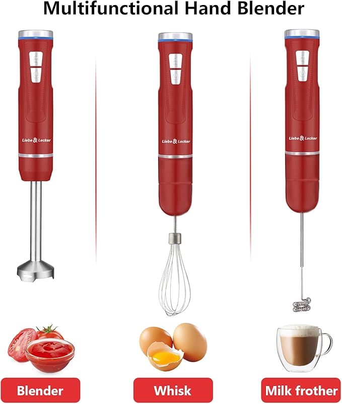 Liebe&ampLecker Immersion Blender Handheld Cordless 3 in 1 Cordless Hand Blender 8 Speed Emulsion Blender Handheld with Whisk Milk Frother for Soup Smoothie Red