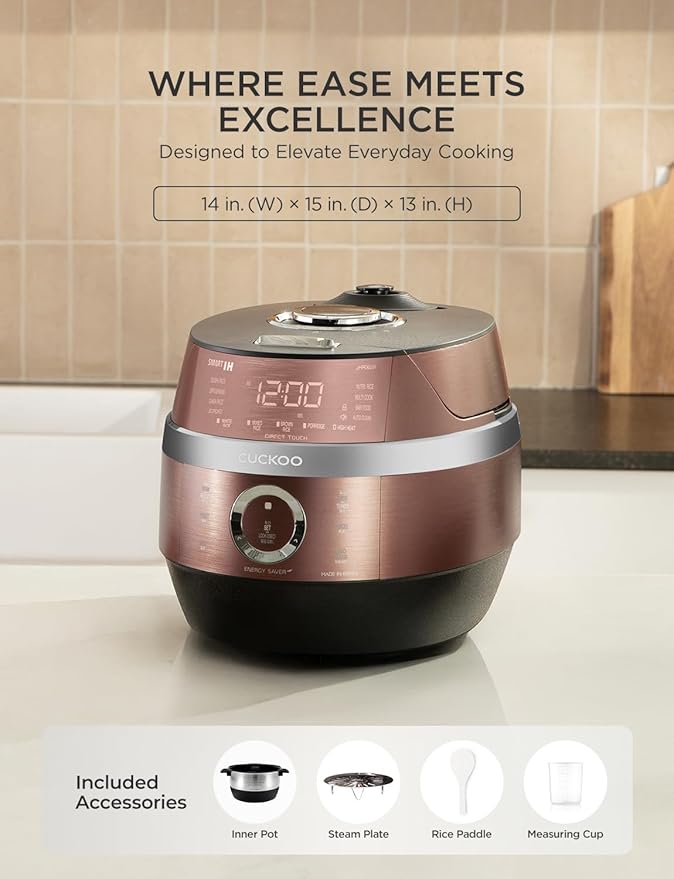 CUCKOO High Pressure Rice Cooker 6-Cup Uncooked / 12-Cup Cooked with Induction Heating Technology Versatile Rice Maker with 16 Menu Options and Steam Plate Voice Guide Copper (CRP-JHR0609F)