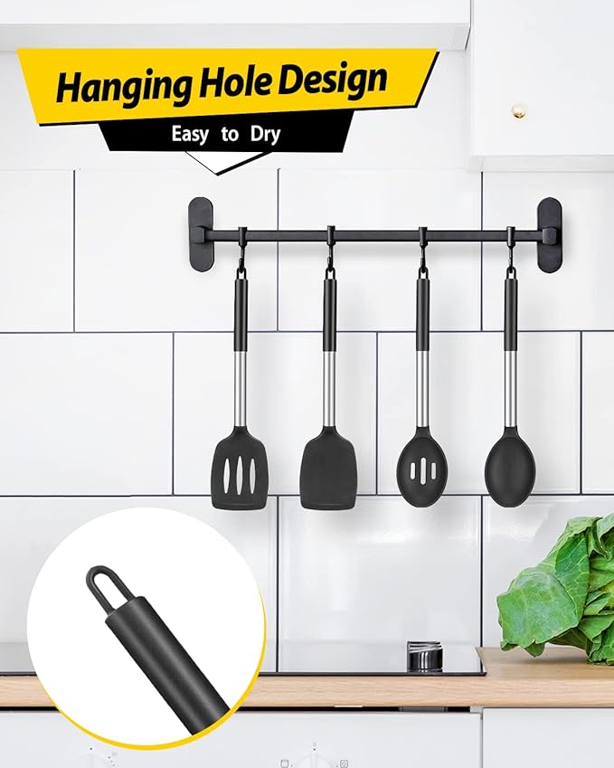 Pack of 4 Silicone Cooking Utensils Set Non Stick Large Solid Spatulas Heat Resistant Black Slotted Spoons Ideal BPA Free Kitchen Turners for Frying MixingServingDrainingTurningStirring